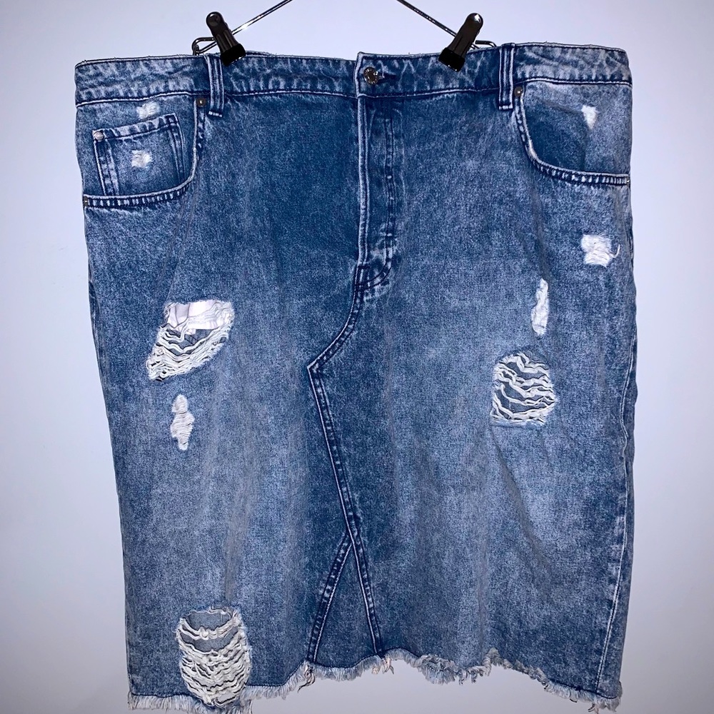 Midi Denim Skirt with Ripped Hole Detail